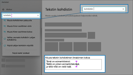 Tekstin kohdistimen asetussivu