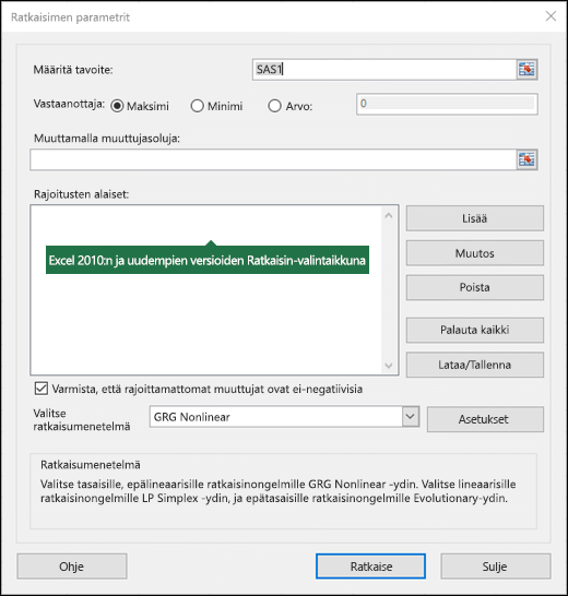 Excel 2010+:n Ratkaisin-valintaikkunan kuva