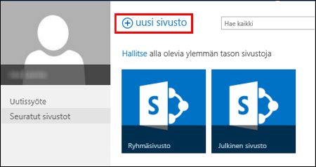 SharePoint Onlinen Uudet sivustot -sivu, jossa näkyy Uusi sivusto -painike