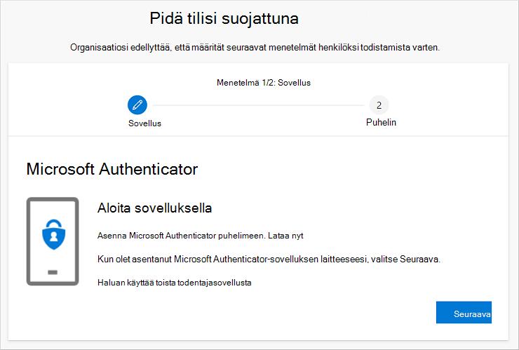 Säilytä tilin ohjattu suojaustoiminto, jossa näkyy Authenticator-sovelluksen lataussivu