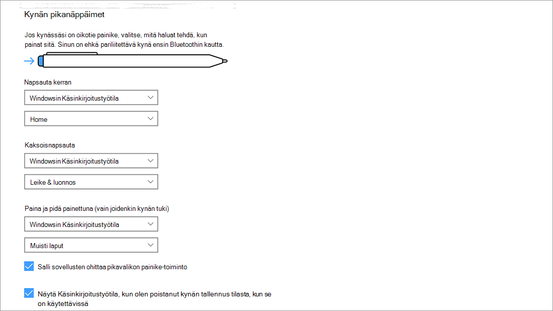 Kynän pikavalinnat kohdassa Aloitus > Asetukset > Laitteet > Kynä ja Windows Ink.