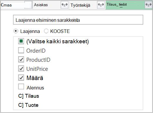 Laajenna Tilaustiedot-taulukon linkki