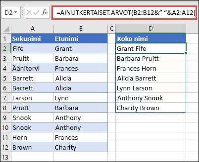 AINUTKERTAISET.ARVOT-funktion, jossa on useita arvoalueita, käyttäminen Etunimi-/Sukunimi-sarakkeiden liittämiseksi yhteen Koko nimi -sarakkeeseen.