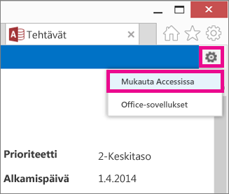 Mukauta Accessissa -komento Asetukset-ratasvalikossa