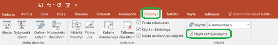 Esittäjänäkymä-vaihtoehtoa hallitaan PowerPointin valintanauhan Diaesitys-välilehden valintaruudun avulla.