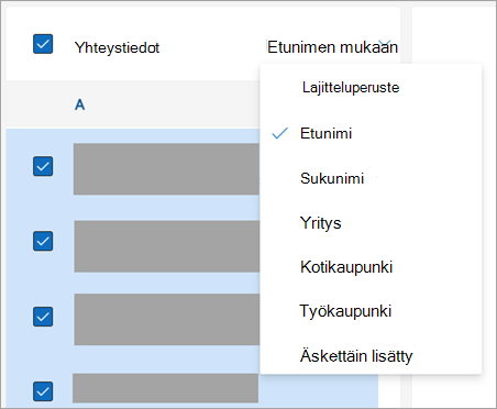 Näyttökuva yhteystietojen lajitteluasetuksista