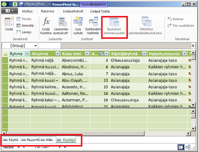 PowerPivot-ikkuna välilehtineen