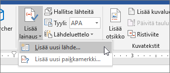 Osoita hiirellä Lisää lainaus ja valitse sitten Lisää uusi lähde