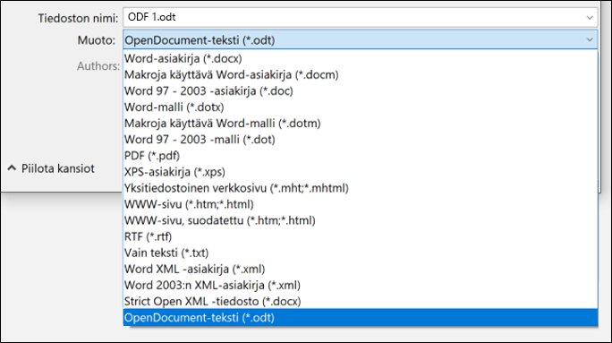 Wordin tiedostomuotojen luettelo, jossa ODT-tiedostomuoto on korostettuna