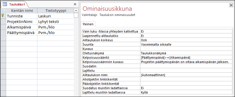 Access-taulukon suunnittelussa näkyvä taulukon kelpoisuussääntö.