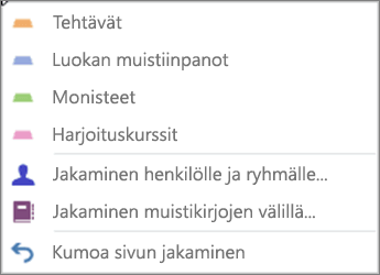 Tämän on sivuille jakamisen avattava valikko, joka sisältää toiminnot tehtäville, luokan muistiinpanoille, monisteille, tietovisoille, yksittäiselle jakelulle, ryhmäjakelulle, muistikirjojen väliselle jakelulle sekä sivujakelun peruuttamiselle.