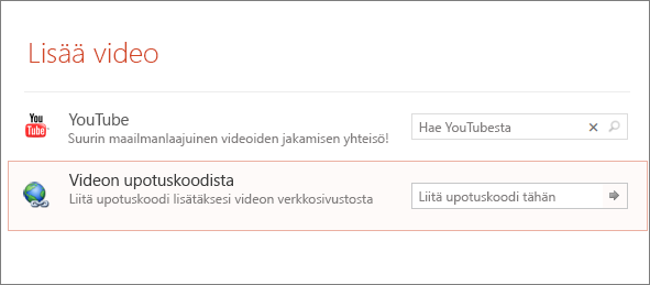 näyttää powerpointin Upota video -vaihtoehdon