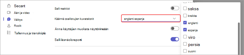 Kokousasetus, jossa näytetään, miten voit lisätä kieliä reaaliaikaisia käännettyjä kuvatekstejä varten.