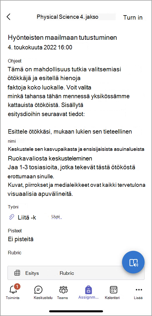 Näyttökuva siitä, mitä opiskelijat näkevät lähettäessään tehtävän mobiililaitteissa Teamsissa.