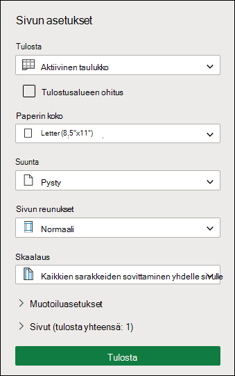 Tulostusasetusnäyttö