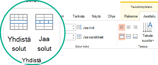 Taulukon solujen yhdistäminen tai jakaminen