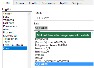 TEKSTI-funktio – mukautettu valuutta ja symboli