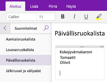 Näyttökuva muistiinpanosäilöstä OneNote-sivulla