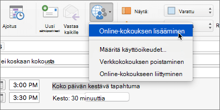 Näyttökuva kokouspyynnöstä, jossa Lisää online-kokous on valittuna valintanauhassa.