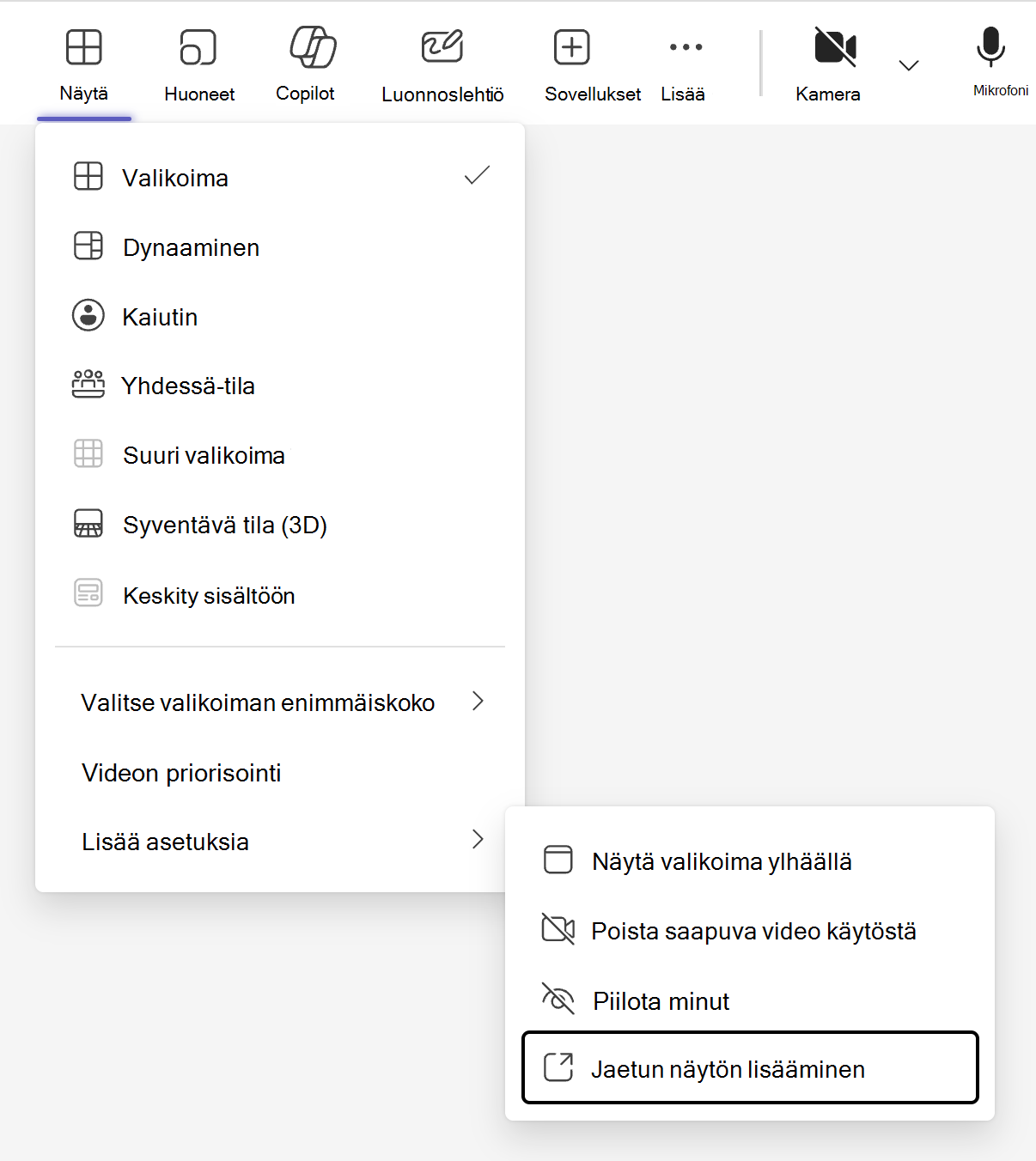 Näkymän valitsin, jossa näkyy Teams-kokouksen valikkorivin Näytä-painike, sisältää lisää jaetun näyttötilan Lisää asetuksia -alivalikossa.