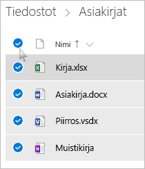 Näyttökuva kaikkien tiedostojen ja kansioiden valitsemisesta OneDrivessa