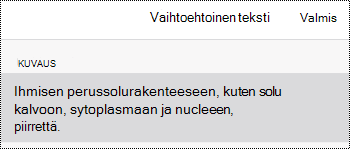 OneNote for iOS:n kuvien Vaihtoehtoinen teksti -valintaikkuna.