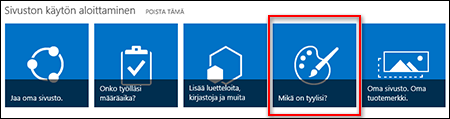 Vastaluotu sivusto SharePoint Onlinessa, jossa näkyy valittavana olevia ruutuja sivuston mukauttamista varten