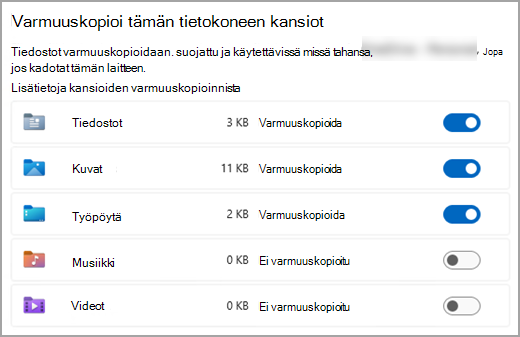 Kansion varmuuskopiointivalintavalikko Microsoft OneDrivessa.