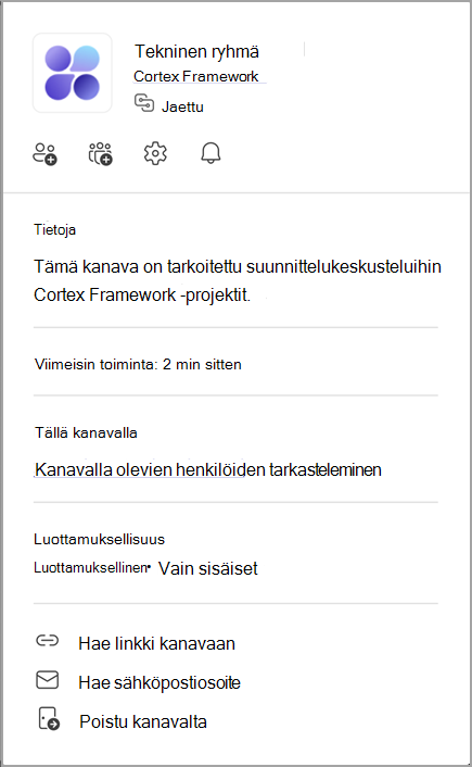 Näyttökuva kanavakortista. Voit tarkastella kanavakorttia osoittamalla kanavan nimeä.