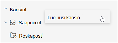 Näyttökuva Luo uusi kansio valittuna kansioruudun Lisää asetuksia -valikossa