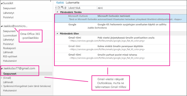 Lisättyäsi Gmail-tilisi, näet Outlookissa kaksi tiliä