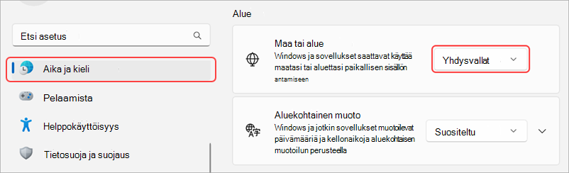 Aluekohtaiset asetukset Windows-laitteessa.