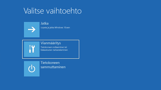 Valitse vaihtoehto -näyttö Windowsin palautusympäristössä.