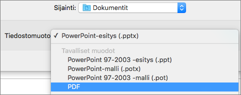 Näyttää PDF-vaihtoehdon Tallenna nimellä -valintaikkunan Tiedostomuodot-luettelossa PowerPoint 2016 for Macissa.