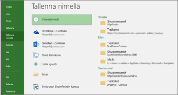 Tallenna nimellä -sivu, jossa Viimeisimmät on valittuna