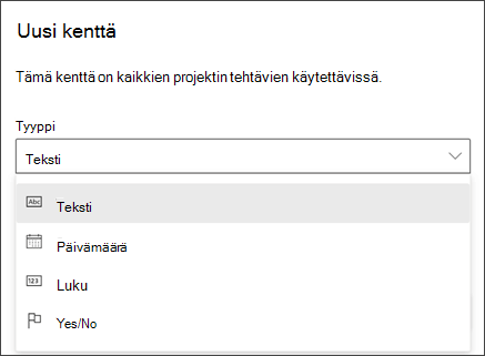 Näyttökuva Project of New -kentän valintaikkunasta, jossa näkyvät Lajit Teksti, Päivämäärä, Numero, Kyllä/Ei