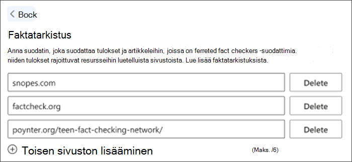 Näyttökuva asetusten faktantarkistusvaihtoehdosta. Luettelossa on kolme oletusarvoista faktantarkistussivustoa – ne voidaan poistaa ja muita voidaan lisätä opettajien tarpeiden mukaan