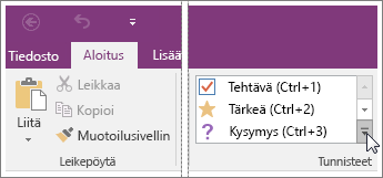 Näyttökuva OneNote 2016:n tunnisteluettelosta