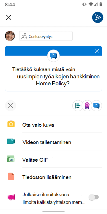 Näyttökuva muunnoksen luomisesta Andriod Yammer -sovelluksella