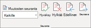 Seurantaruutu, jossa on Hyväksy-, Hylkää-, Edellinen- ja Seuraava-komennot.