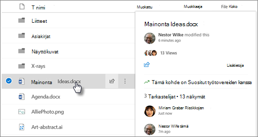 Näyttö kuva tiedoston valinta kortista, joka tulee näkyviin, kun osoitat tiedostoa OneDrivessa tai SharePointissa