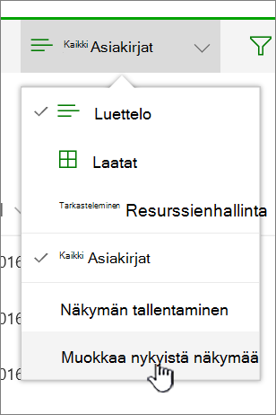 Näkymän asetukset -valikko, jossa Muokkaa nykyistä näkymää on korostettuna