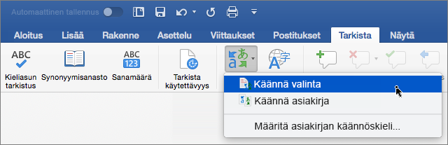 Tarkista-välilehti, jossa on korostettuna Käännä valittu teksti -valinta