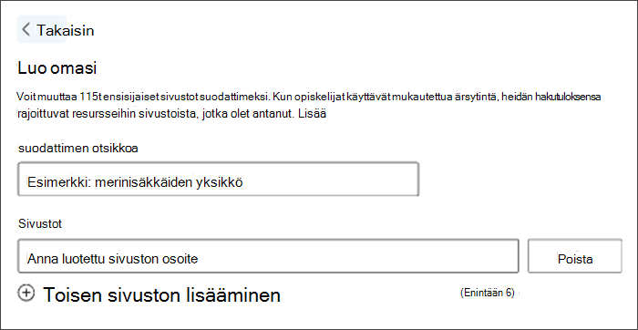 Näyttökuva mukautetun suodattimen luomisesta. Esimerkkisuodattimen otsikossa lukee "merinisäkkäiden yksikkö", ja alla on avoin tila, johon voit lisätä haluamasi sivustot.