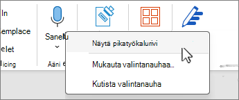 Näytä pikatyökalurivi valittuna valikossa