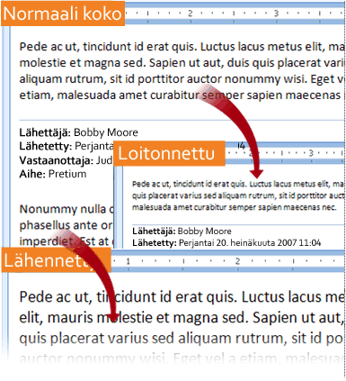 Esimerkkejä lähennetyistä ja loitonnetuista sähköpostiviesteistä