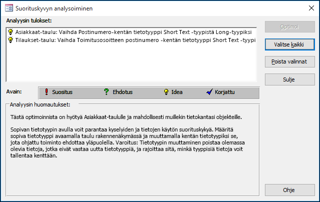 Suorituskyvyn analysoinnin tulokset -valintaikkuna Access-tietokantaan suorittamisen jälkeen.