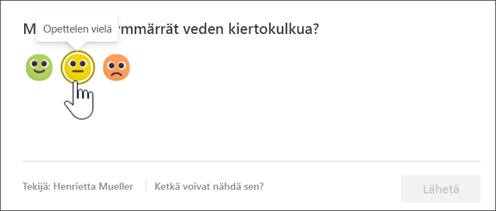 Näyttökuva opiskelijanäkymästä reflectin kuulumisten jakamisesta ennen vastaamista. Hiiri osoittaa keltaista, epävarmaa emojia, ja työkaluvihjeessä lukee "Opettelen yhä"