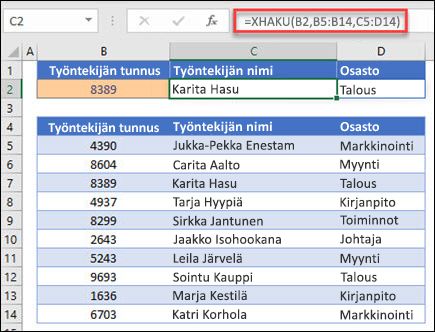 Esimerkki XHAKU-funktiosta, jolla palautetaan työntekijän nimi ja osasto työntekijätunnuksen perusteella. Kaava on =XHAKU(B2,B5:B14,C5:D14,0,1)