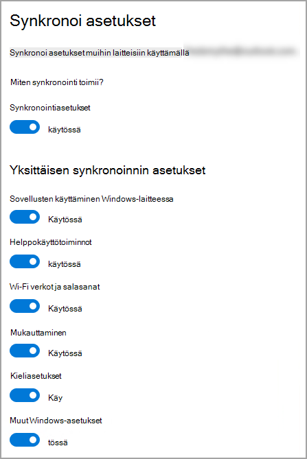 Synkronointiasetukset Windows 10 asetuksissa.